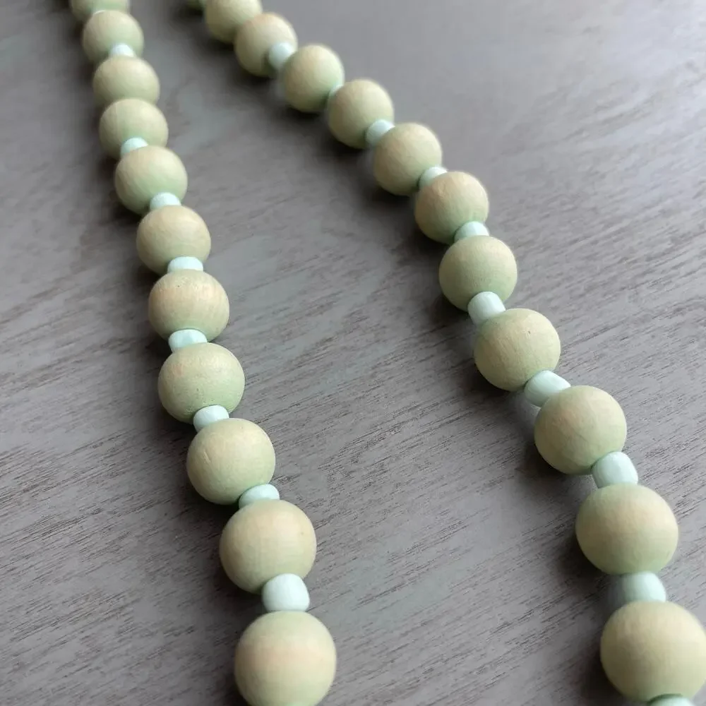 Rustic Light Wood Bead Strand Necklace Teal Green-Blue Farmhouse Cottage
